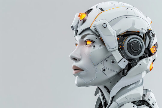 attractive female robot with white skin and glowing orange eyes