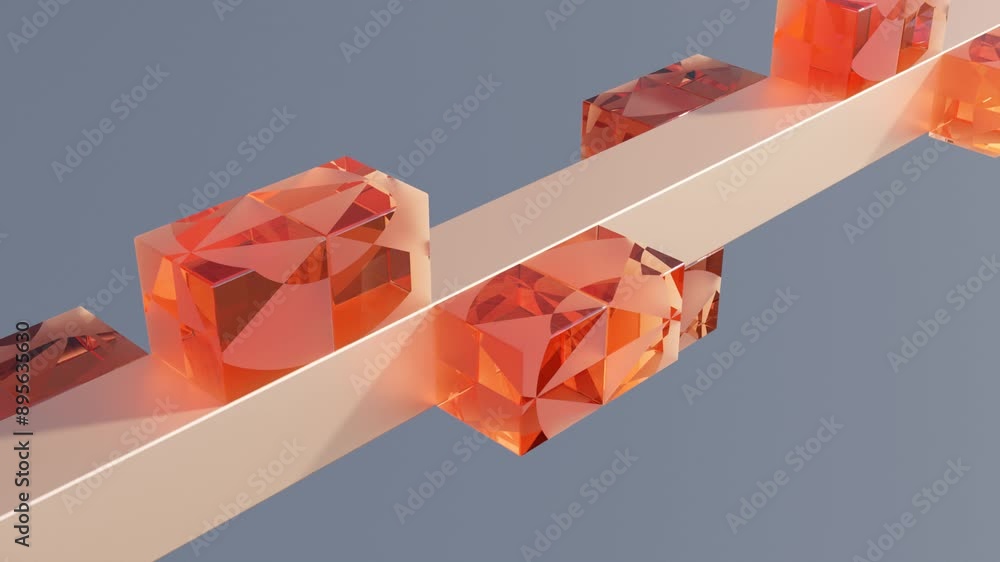 Poster transparent cubes rolling around peach pillar on a dark background: seamless geometric animation wit