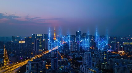 Futuristic City Skyline with 5G Technology Visualization and Digital Data Transmission at Night

