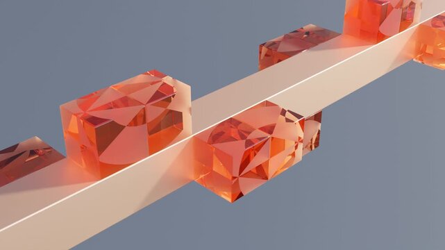 Transparent Cubes Rolling Around Peach Pillar on a Dark Background: Seamless Geometric Animation with Modern Abstract 3D Design