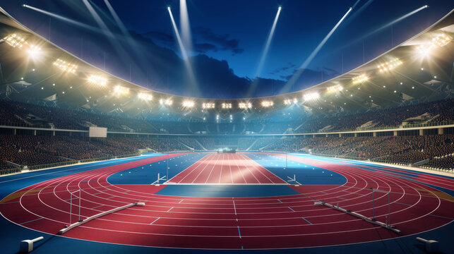 An empty athletic stadium with dual running tracks seen under bright lights during nighttime, poised for a race or event.