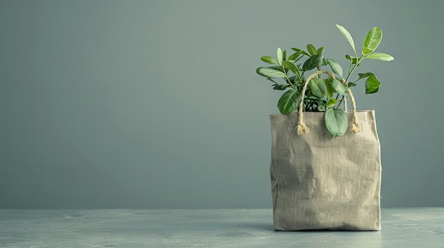 Gray background with copy space image featuring an eco shopping bag. Promotes environmental protection, zero waste, reuse, and campaigns like World Environment Day and Earth Day