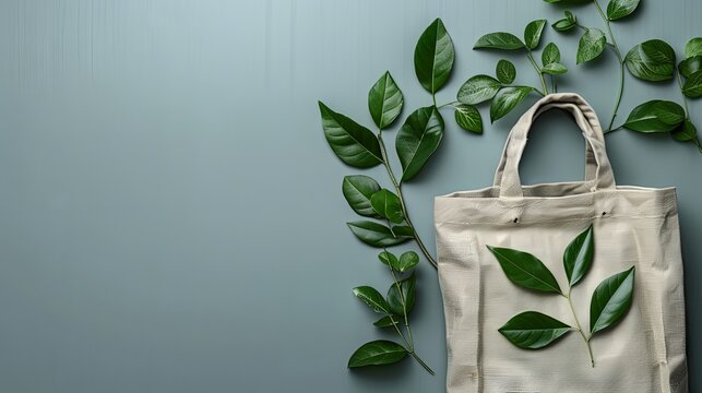 Gray background with copy space image featuring an eco shopping bag. Promotes environmental protection, zero waste, reuse, and campaigns like World Environment Day and Earth Day