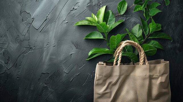 Gray background with copy space image featuring an eco shopping bag. Promotes environmental protection, zero waste, reuse, and campaigns like World Environment Day and Earth Day