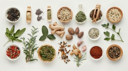 Birds-eye view of an assortment of herbs and spices, ideal for healthy vegetarian cooking with high fiber content