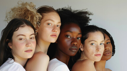 Obraz premium A group of women with varied skin tones posing closely together, partially in shadow, producing an artful contrast that highlights their distinct beauty.