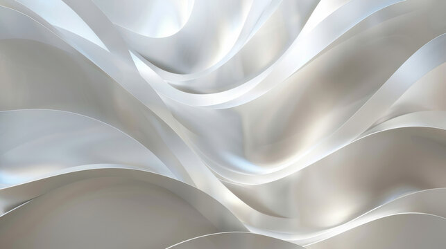 Flowing silver textures create a metallic yet soft visual that evokes sophistication and modernity with its graceful, undulating forms.