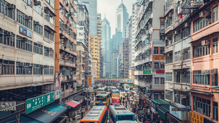 Obraz premium A busy urban street reveals a lively day full of traffic and people, with skyscrapers towering above, capturing the essence of city life.