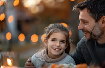 Naklejka premium Girl Smiles at Dad During Halloween Dinner
