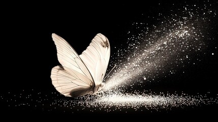   A butterfly with glittered legs flies through the air in a close-up