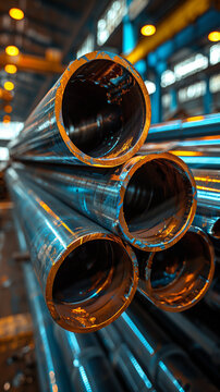 Steel pipe production in a factory, manufacturing steel pipes.