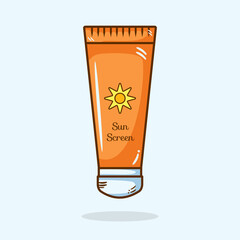 Vector illustration of sun screen with orange colored packaging isolated on white background. Simple flat line cartoon art style design cosmetic concept for beauty. 