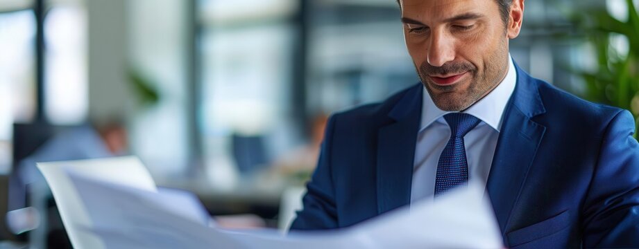 Closeup of a charming executive man reviewing plans, vibrant colors, clear text area