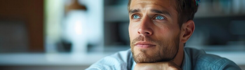Fototapeta premium Closeup of a charming executive man in deep thought, development and motivation elements, ample copy space