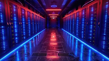 Modern Data Center with Rows of Server Racks and Vibrant LED Lighting in a High-Tech Environment