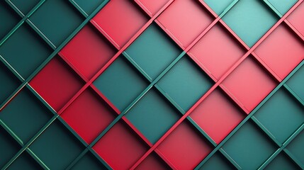 Grid pattern 3D lines, bold crimson and emerald background, geometric depth and sharp shadows, structured effect, modern and vibrant design.
