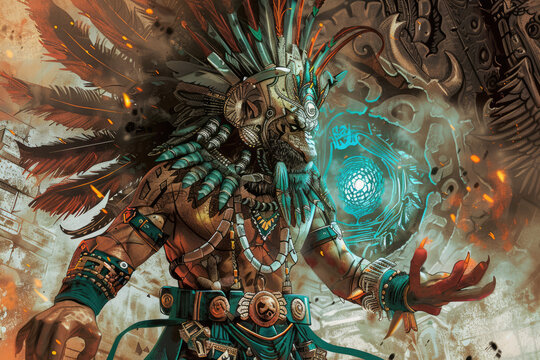 
comic book illustration, tezcatlipoca, evil aztec god