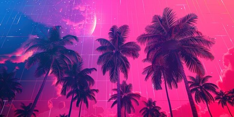 Obraz premium Neon Palm Trees Under a Pink and Blue Sky