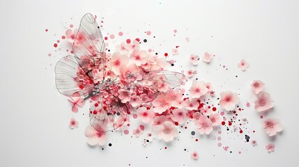   White background with pink flowers and butterfly on left; black dots on right