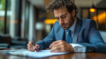 Obraz premium Focused Businessman Signing Documents, Suitable for Professional and Corporate Content