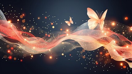   A butterfly flies alongside a red and white stream of streamers with lights emanating from it