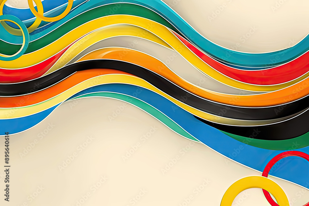 Poster design a striking and clean background with wavy rainbow lines symbolizing the olympic games