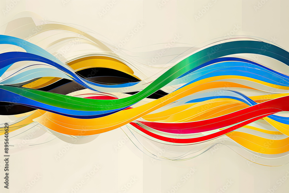 Poster design a striking and clean background with wavy rainbow lines symbolizing the olympic games