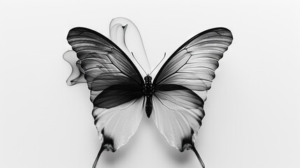   Black and white image of a butterfly with wings extended behind and to the sides