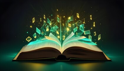 Futuristic technology low polygonal glowing open book isolated on dark background.