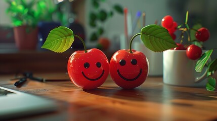 Two couple apples with smiley faces on a desk