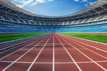 Generate an image of an empty stadium designed for track and field events