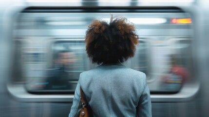 A person standing on the subway platform waiting for the train to arrive, with the train in motion and creating a blurred effect, symbolizing patience and anticipation.