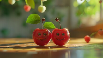 Two couple apples with smiley faces on a desk