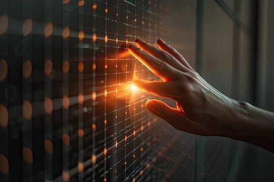 hand enginer scene touching solar panel with light  - Powered by Adobe