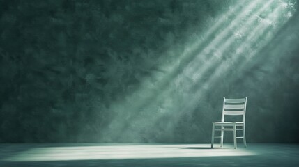   A chair, illuminated by a spotlight overhead, occupies the center of a room