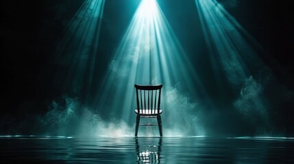   A chair sits on stage with bright lights shining down