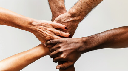 diverse hands holding each other, symbolizing unity and support on white background. The focus is on the interplay between different skin tones in human arms