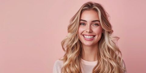 Naklejka premium Radiant Young Woman with Flowing Golden Hair Smiling Against Soft Background. Stunning Blonde Model Showcasing Healthy, Shiny Locks for Hair Care Products or Salon Services. Beauty and Confidence Pers