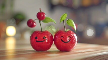 Two couple apples with smiley faces on a desk