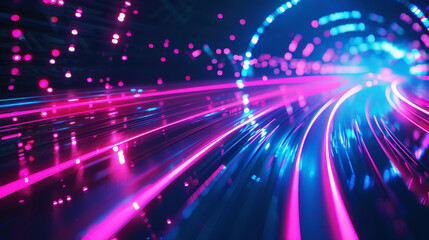 dynamic and futuristic background featuring neon pink light trails creating an atmosphere of speed, technology, innovation, digital communication, data transfer, and global network connection for busi