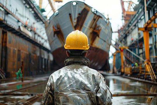 Industrial worker inspecting ship at dockyard, first sale day, maritime industry