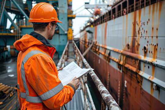 Industrial worker inspecting ship at dockyard, first sale day, maritime industry