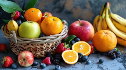 A colorful assortment of fresh fruits including apples, oranges, bananas, and berries arranged in a woven basket on a rustic table.