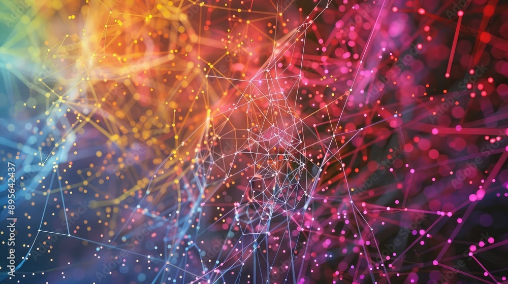 Poster a colorful representation of a global communication network with interconnected lines.