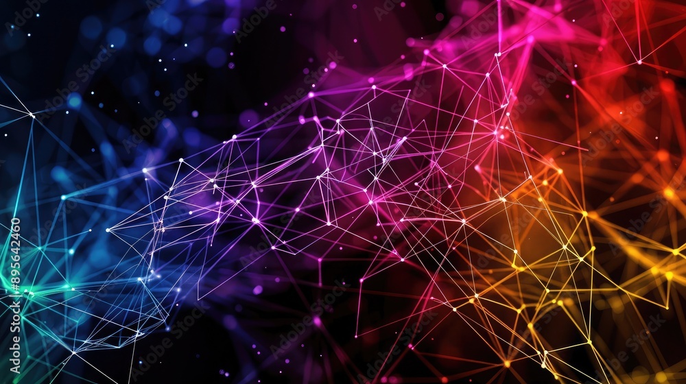Poster a colorful representation of a global communication network with interconnected lines.