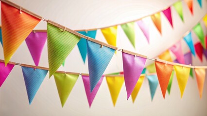Vibrant colorful triangular flags with festive ribbon ties hang from a string, set against a soft, blurred, creamy white background.