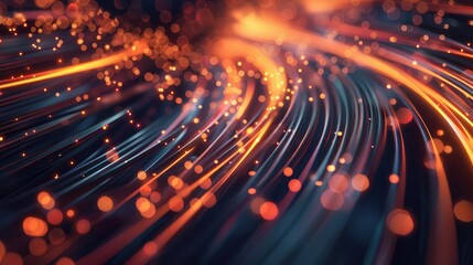 A close-up of glowing fiber optic cables with abstract light trails.