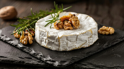 Camembert cheese served with crunchy walnuts and aromatic rosemary on a slate platter