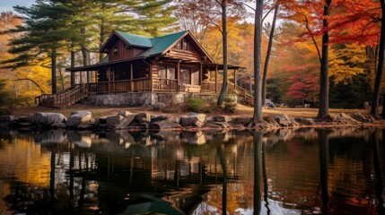 Obraz premium Cabin by the Lake in Autumn