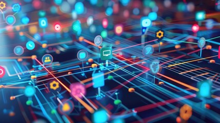 A close-up of a digital interface with colorful lines and communication icons.